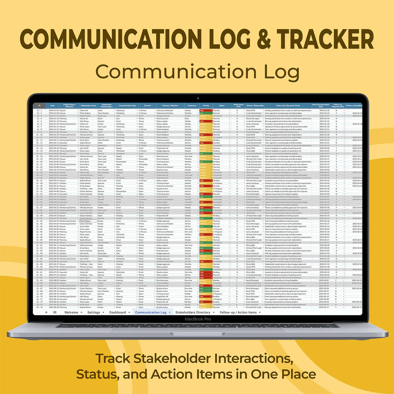Communication Log & Stakeholder Tracker — Excel & Sheets