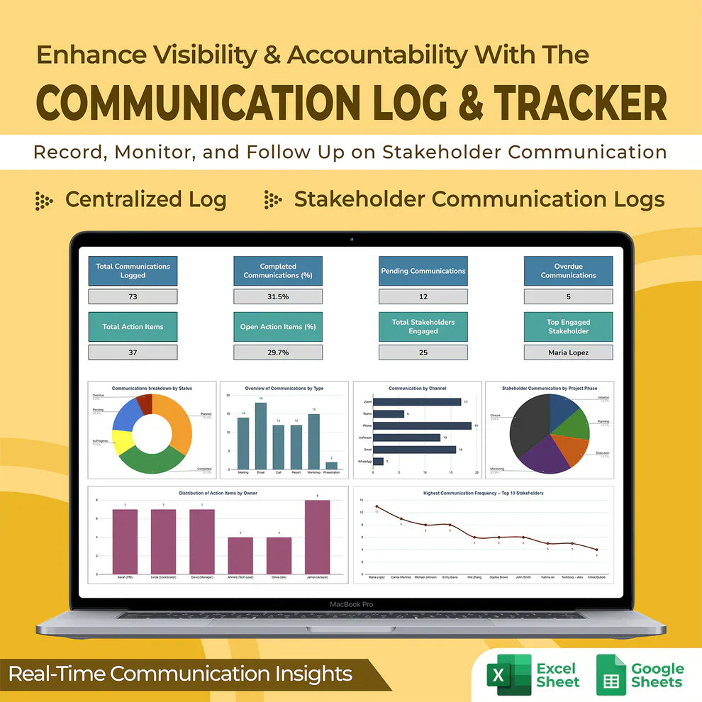 Communication Log & Stakeholder Tracker — Excel & Sheets