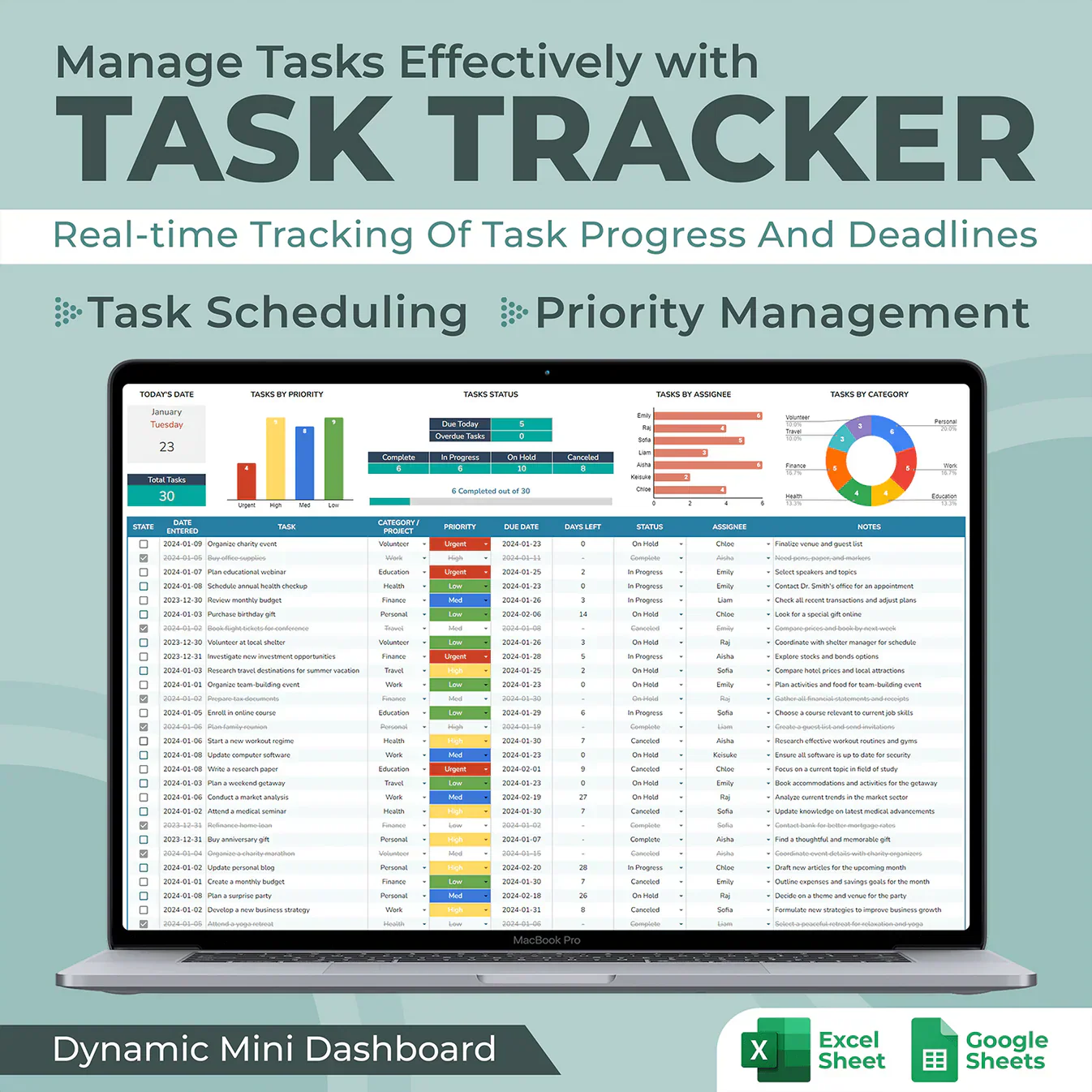 Task Tracker Spreadsheet — Excel & Google Sheets Template