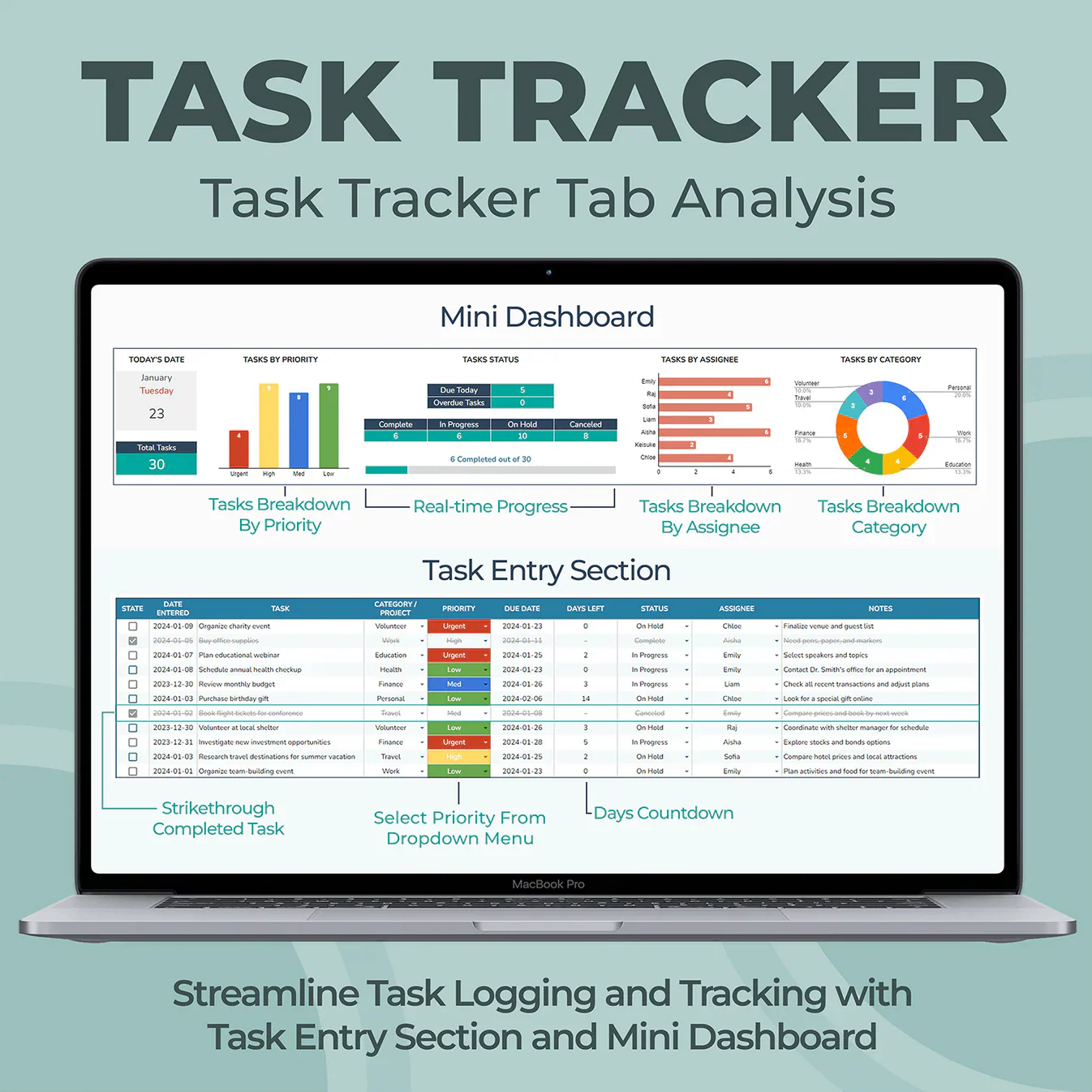 Task Tracker Spreadsheet — Excel & Google Sheets Template