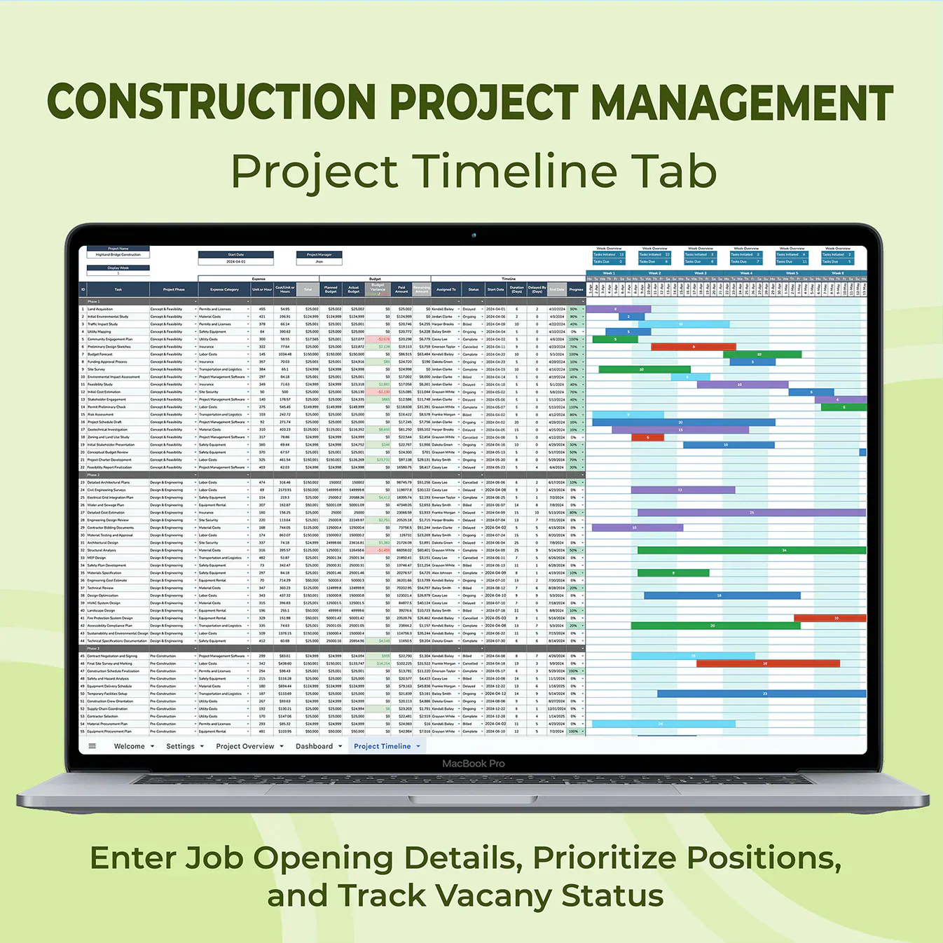 Construction Project Management Template — Excel & Sheets